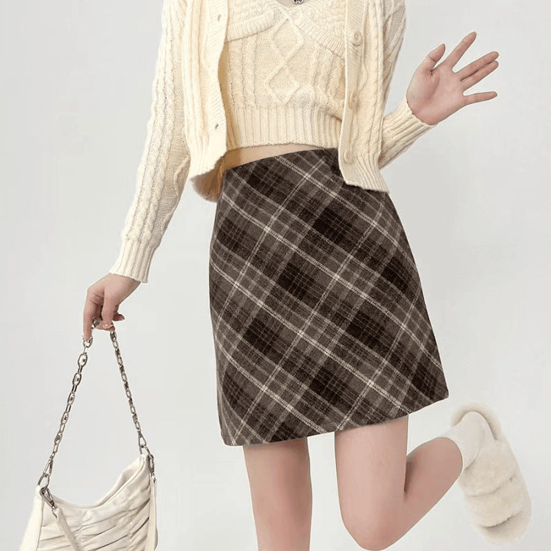 Women's Woolen Plaid High Waist Hip Skirt
